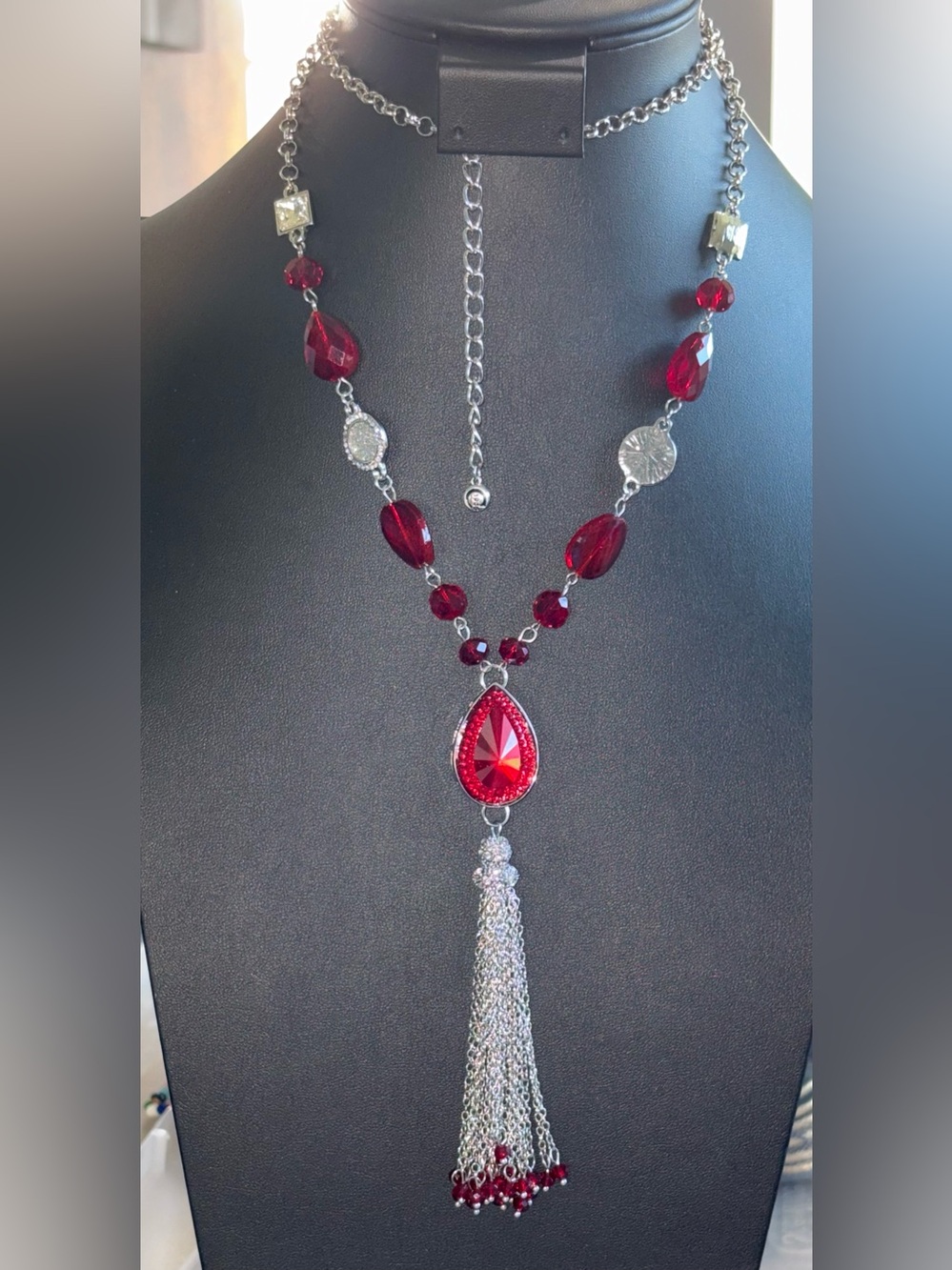 1946 Brand Dramatic Red Teardrop Tassel Necklace with Silver Chains